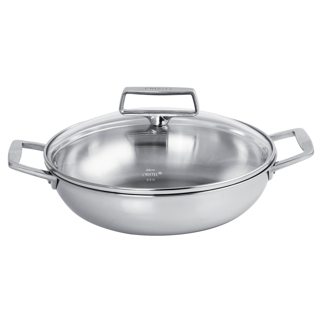Plat sautoir en inox à 2 anses avec couvercle en verre - Castel'Pro® fixe, Poêles - 1
