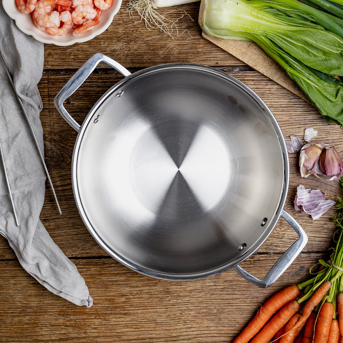 Wok en inox Ø28 cm, 2 anses fixes, avec couvercle en verre - Castel'Pro® fixe, Woks - 2