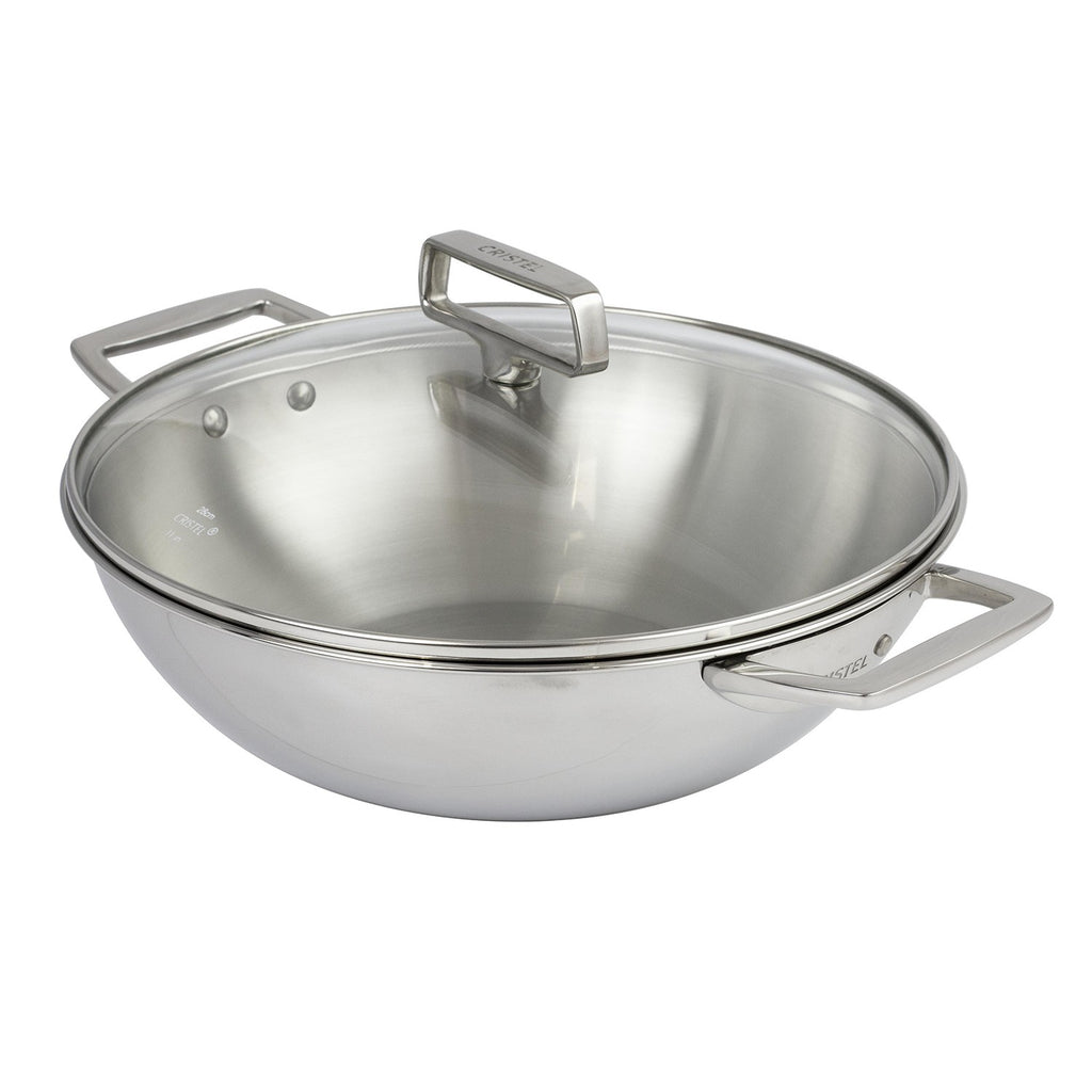 Wok en inox Ø28 cm, 2 anses fixes, avec couvercle en verre - Castel'Pro® fixe, Woks - 1